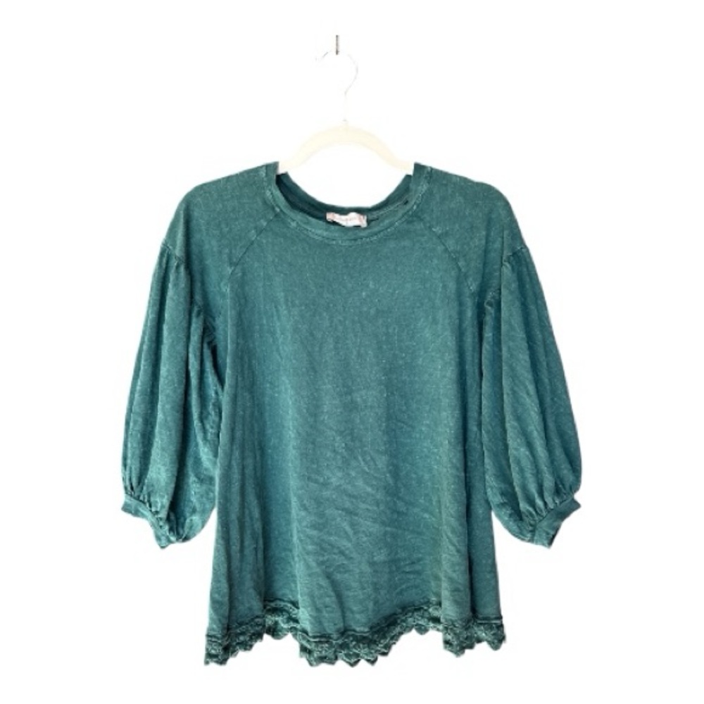 Altar’d State boho olive green acid wash puff sleeve top with crochet hem small